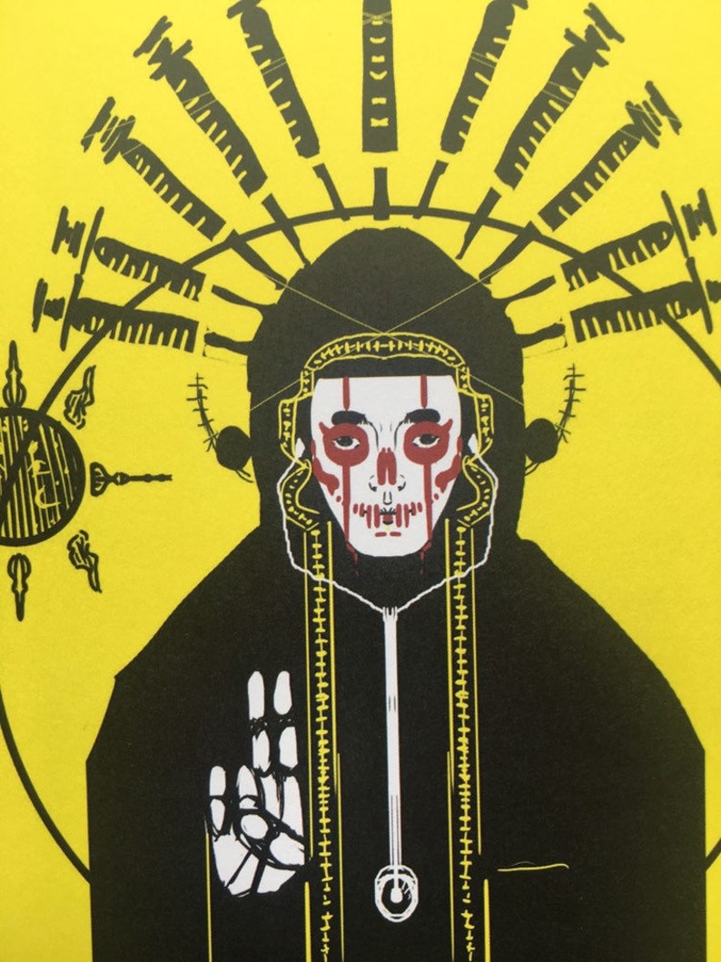 May include: A black and white illustration of a person wearing a black hooded robe with a skull-like face painted in red and white. The person is standing against a yellow background with a crown of swords above their head.