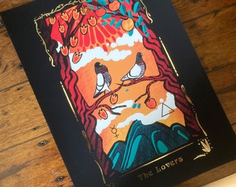 The Lovers VI Folie Tarot Druck- deluxe A4 Kunstdruck (8x11 Zoll) Taube Liebhaber, Gothic Dekor, Vogel Geschenk, okkulte Ornithologie, Rock Taube,