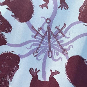 May include: A purple and white illustration of a stylized octopus with eight tentacles surrounding six black silhouettes of rats. The octopus has a central body with a circle at the top and three crosses at the bottom.