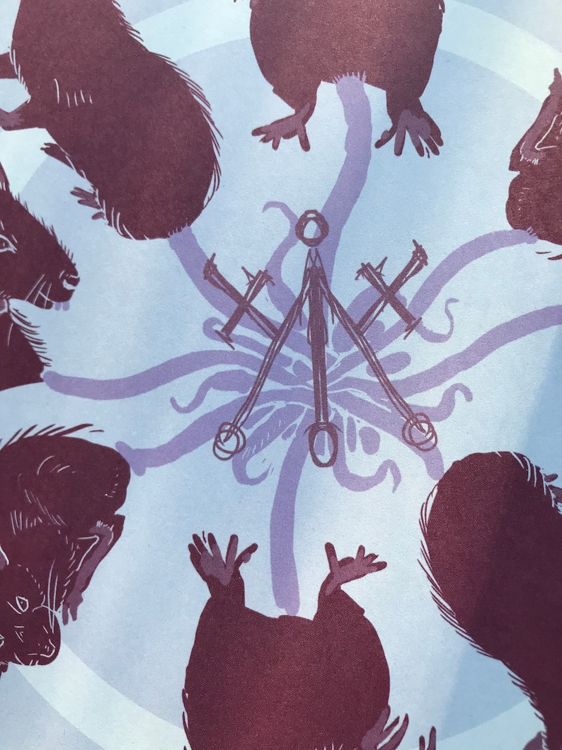 May include: A purple and white illustration of a stylized octopus with eight tentacles surrounding six black silhouettes of rats. The octopus has a central body with a circle at the top and three crosses at the bottom.