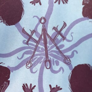 May include: A purple and blue illustration of five figures with long, thin arms and legs, surrounding a central symbol. The figures are arranged in a circle, with their arms and legs extending towards the center. The central symbol is a cross with three arms, and it is surrounded by a series of circles and lines.