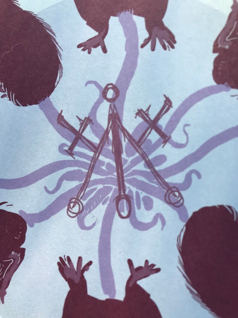 May include: A purple and blue illustration of five figures with long, thin arms and legs, surrounding a central symbol. The figures are arranged in a circle, with their arms and legs extending towards the center. The central symbol is a cross with three arms, and it is surrounded by a series of circles and lines.