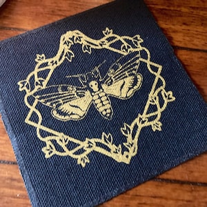 Deaths Head Hawkmoth- gold screen print fabric patch 10x10cm- goth, moth lover gift, punk, skull, occult, patches for jackets, sow on