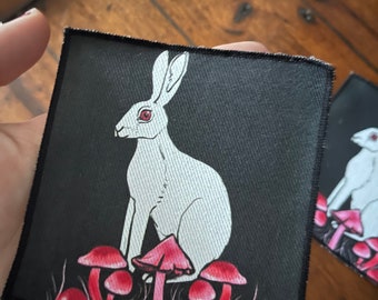 Witch’s Hare - 10x10 denim patch- finished edges- battle jacket, punk, goth, occult patches, pastel pink, mushroom, bunny, witchcraft