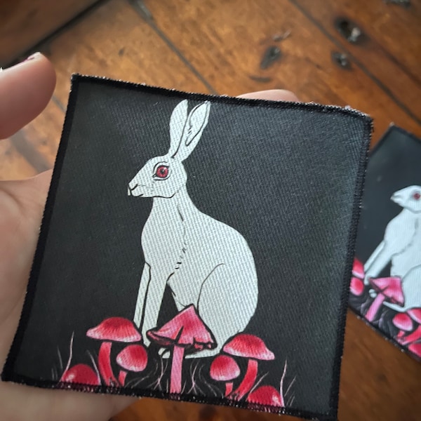 Witch’s Hare - 10x10 denim patch- finished edges- battle jacket, punk, goth, occult patches, pastel pink, mushroom, bunny, witchcraft
