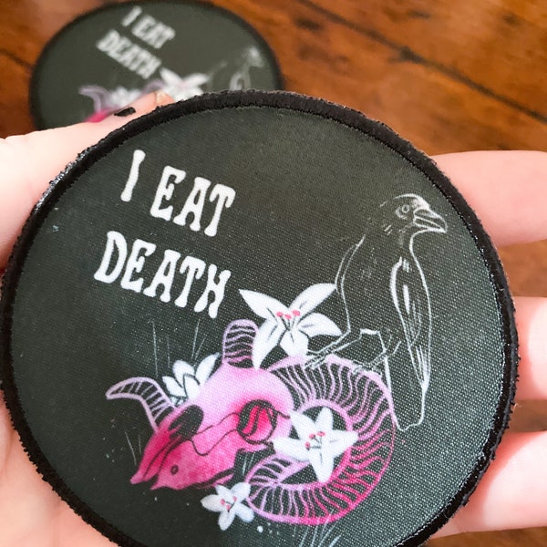 Yo como la muerte - parche termoadhesivo circular de 8 x 8 cm - gótico, calavera, punk, ocultismo, satánico, parches para chaquetas, terror, coser, folclore, cuervo