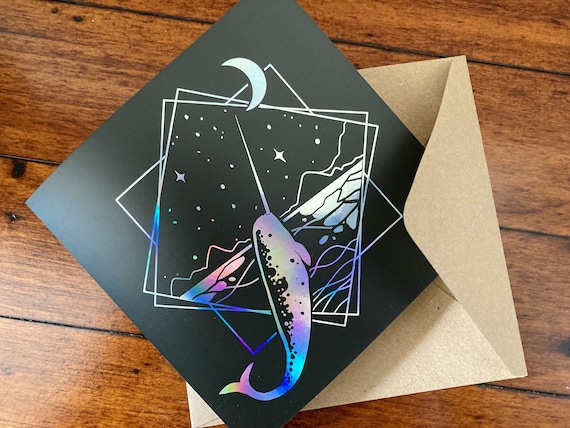 holographic foil greeting cards Starry Narwhal (148mmx148mm) Holographic Foil Greetings Card- Note Card,  Solstice, Blank, Christmas, Valentines, Whale, Unicorn of the Sea