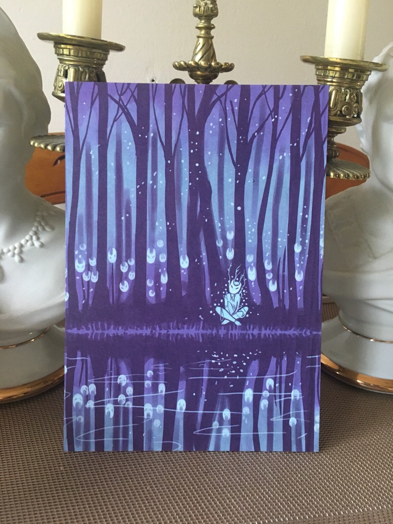 May include: A watercolor painting of a forest scene with a small, white, glowing figure sitting in the middle of a lake. The trees are dark purple and the water is a lighter shade of purple. The sky is a light blue with white dots.