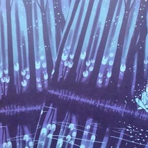 May include: A digital illustration of a forest with a purple and blue color scheme. The trees are tall and slender, and there are many small, white, glowing orbs floating in the air. The orbs are shaped like faces, and they are all looking up at the sky.