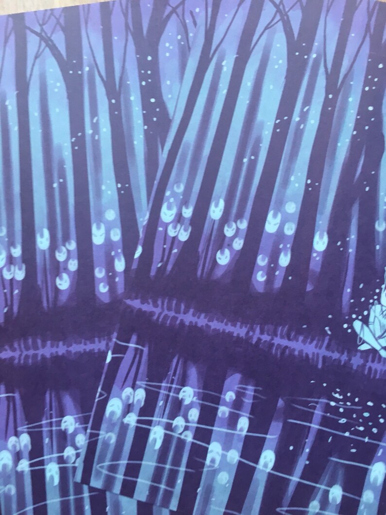 May include: A digital illustration of a forest with a purple and blue color scheme. The trees are tall and slender, and there are many small, white, glowing orbs floating in the air. The orbs are shaped like faces, and they are all looking up at the sky.