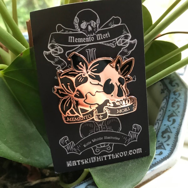 Memento Mori- Rose Gold and Black 40mm hard enamel skull pin with rubber clutches. Gothic accessories, skull badge, brooch, pin game, lapel