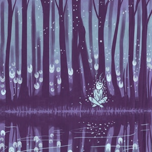 May include: A digital painting of a forest scene with a figure sitting in the middle of a clearing. The figure is wearing a mask and has antlers. The forest is filled with glowing orbs and the ground is covered in leaves. The scene is reflected in a still pond.