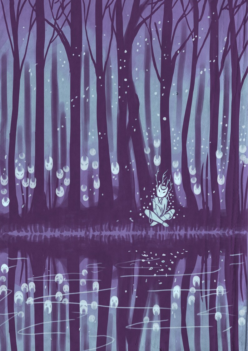 May include: A digital painting of a forest scene with a figure sitting in the middle of a clearing. The figure is wearing a mask and has antlers. The forest is filled with glowing orbs and the ground is covered in leaves. The scene is reflected in a still pond.