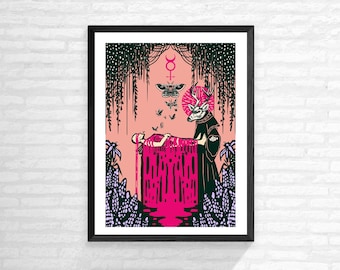 May include: A digital illustration of a person lying in a pool of pink liquid, surrounded by green foliage and butterflies. A figure with antlers and a black robe stands over the person, holding a hand out. The symbol for Venus is above the scene.