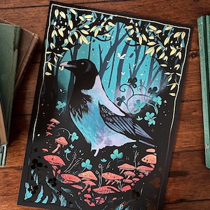 The Hoodie- Deluxe gold foil A4 art print (8x11 inches) esoteric, hooded crow, Scottish folklore, gothic home decor, bird lover gift, Raven