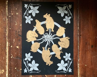 Metallic gold and silver Rat king print - A3 risograph- LIMITED EDITION 50 copies only- occult art, rat lovers, horror, Riso, gothic decor