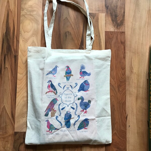 Pigeons of the World natural 100% Cotton tote bag- Shopper, Pigeon Lover Gift, Bird watching, Reusable bag, dodo, I Heart Pigeon, Dove, Birb