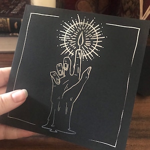Mão da glória (148 mm x 148 mm) cartão de saudações em folha - envelope preto, cartão gótico, Halloween, horror, oculto, solstício, em branco, Natal