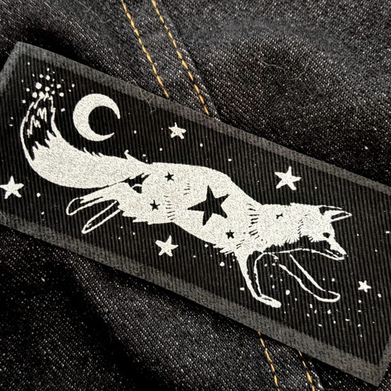 Celestial silver Fox screen print fabric patch 13x5 cm- goth, punk, patches for jackets, sow on, witchy, nature lover gift, wildlife