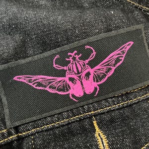 Goliath beetle bright pink screen print fabric patch 13x5 cm- goth, gift, punk, patches for jackets, sow on, bugs, nature lover, insect life