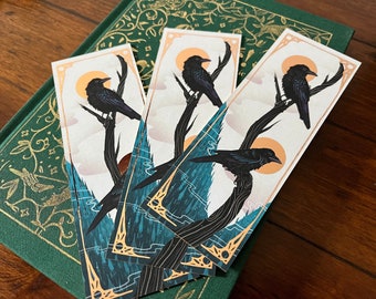 Ravens deluxe bookmark (148x 52cm) gold painted edges, gothic accessories, book lover gift, horror, occult art,  crows, corvid, bird art