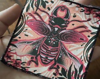 Pink Goliath Beetle- 10x10 denim patch- psychedelic patches, finished edges- battle jacket, punk, goth, bugs, entomology, natural history