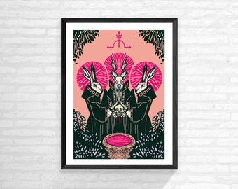 Bloodletting RItual Art Print (2 SIZES)- Gothic decor, Horror print, Pastel goth, Goat, Hares, Satanic, Pagan, Occult Gift