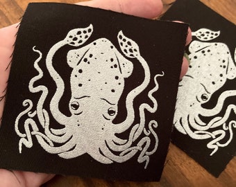 The Kraken- silver screen print fabric patch 8x8cm- squid lover gift, punk, octopus lover, pirate, patches for jackets, sow on, cephalopod