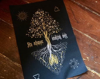 May include: Black art print featuring a stylized tree with gold and white details. The tree's branches and roots are intricately designed, with the text "As above, so below" in gold. Additional celestial and geometric symbols are included.
