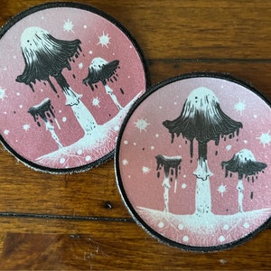 Ink caps iron on patch 8x8cm circular- mushroom, forager lover gift, punk, fungus, cottage core, patches for jackets, sow on, pastel goth