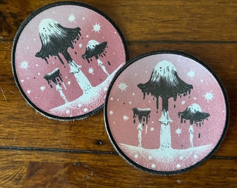 Ink caps iron on patch 8x8cm circular- mushroom, forager lover gift, punk, fungus, cottage core, patches for jackets, sow on, pastel goth