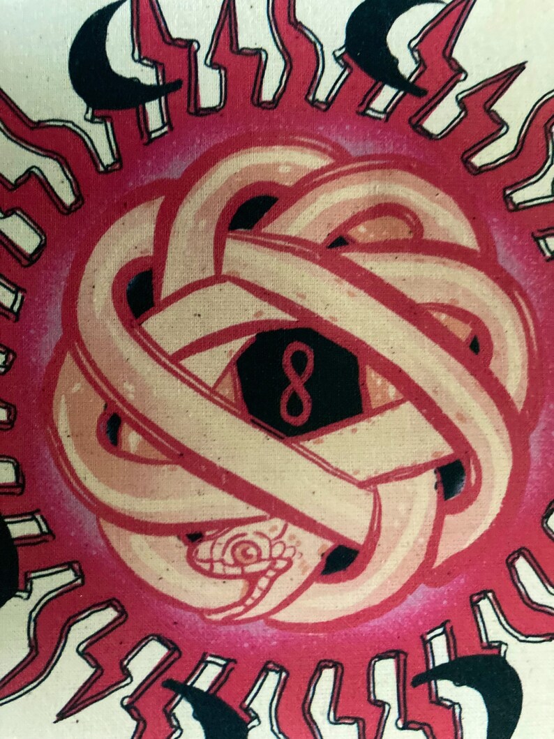 May include: A pink and red sun with black lightning bolts around it. The sun has a white and pink knot in the center with a black hexagon containing the number 8.