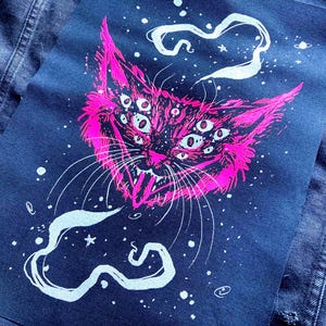 Space Puss  neon pink screen printed XL back patch-Gothic accessories, cat lover gift, horror, large patch, statement, punk, sow on, goth,