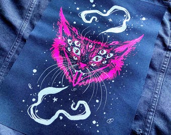 Space Puss neonroze zeefdruk XL achterkant patch-gotische accessoires, kattenliefhebber cadeau, horror, grote patch, statement, punk, sow on, goth,