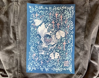 Nature’s Garden XL back patch-   Skull in fuschias  - sow on back patch, occult patch, horror art, Memento Mori, battle jacket, witchy, goth