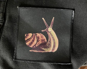 Slimy Boy Snail - 10x10 denim patch-  bug lovers gift!  finished edges- battle jacket, punk, goth, cottagecore goblin core, insects, bugs