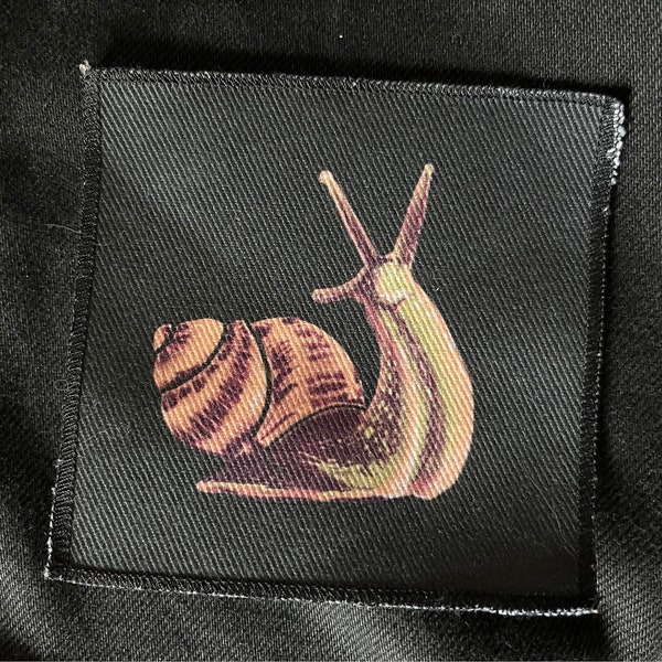 Slimy Boy Snail - 10x10 denim patch-  bug lovers gift!  finished edges- battle jacket, punk, goth, cottagecore goblin core, insects, bugs