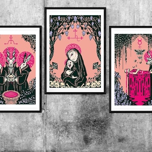 Ritual Triptych- Set of 3 prints (2 SIZES)- Gothic Art, Occult, owls, Satanic, Lilith, horror Lover Gift, Goat, Stag, Pastel