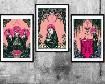 Ritual Triptych- Set of 3 prints (2 SIZES)- Gothic Art, Occult, owls, Satanic, Lilith, horror Lover Gift, Goat, Stag, Pastel