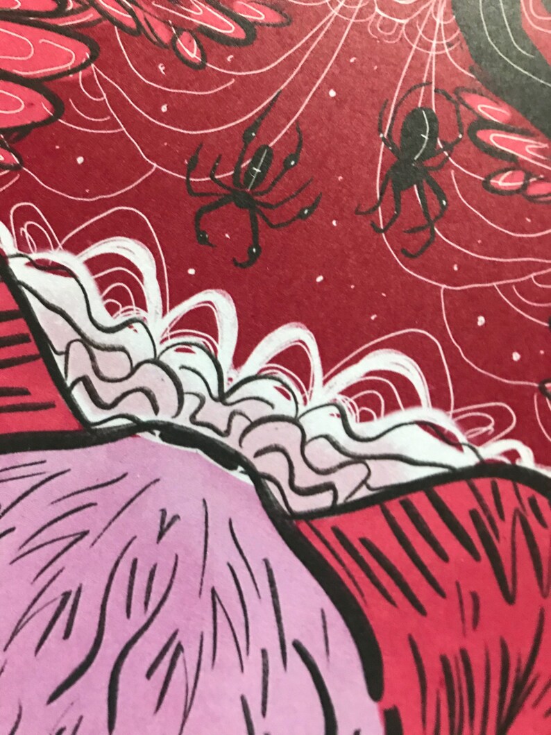 Puede incluir: Primer plano de una ilustraci&oacute;n abstracta rosa y roja con contornos negros. La ilustraci&oacute;n presenta un patr&oacute;n de telara&ntilde;a con dos ara&ntilde;as negras.