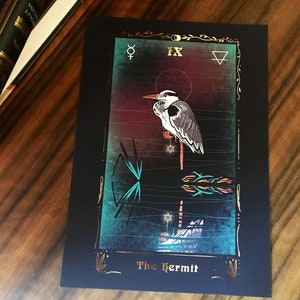 The Hermit IX foil tarot print- deluxe A4 art print (8x11 inches) esoteric, heron, gothic decor, bird lover gift, occult ornithology