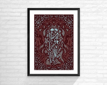Impresión artística "El dulce abrazo de la muerte" (2 tamaños disponibles): decoración gótica, póster de terror, esqueleto, calavera, San Valentín, memento Mori