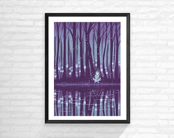 May include: A digital illustration of a purple forest with a small figure sitting in the middle of a reflecting pool. The trees are tall and slender, and the leaves are a deep purple. The figure is wearing a white dress and has long, flowing hair. The pool is reflecting the trees and the sky, and there are small white lights floating in the air.