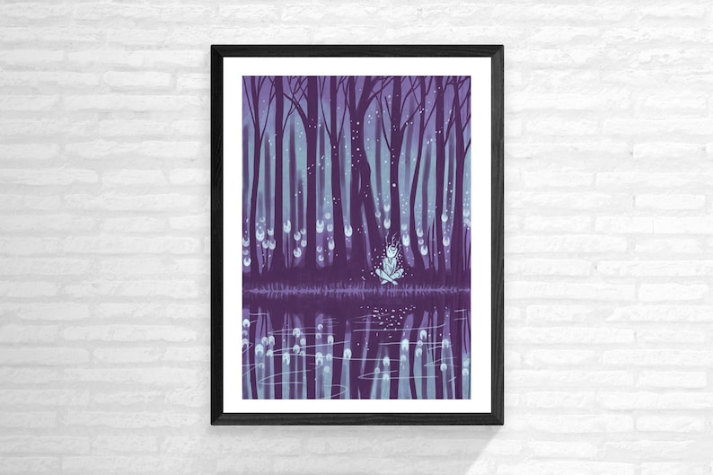 May include: A digital illustration of a purple forest with a small figure sitting in the middle of a reflecting pool. The trees are tall and slender, and the leaves are a deep purple. The figure is wearing a white dress and has long, flowing hair. The pool is reflecting the trees and the sky, and there are small white lights floating in the air.