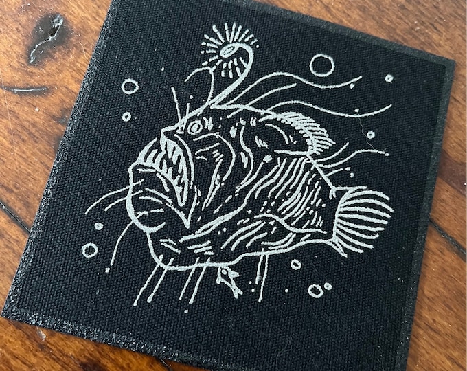 Deep sea angler fish- silver screen print fabric patch 10x10cm- goth, pirate lover gift, punk, skull, nautical, patches for jackets, sow on