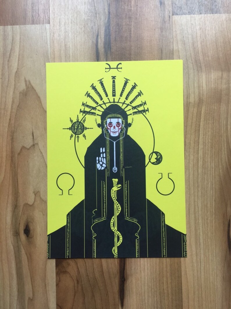 May include: A black and yellow print of a figure wearing a black hooded robe with a skull face and a crown of syringes. The figure is holding a staff with a snake wrapped around it. The background is yellow with black symbols.