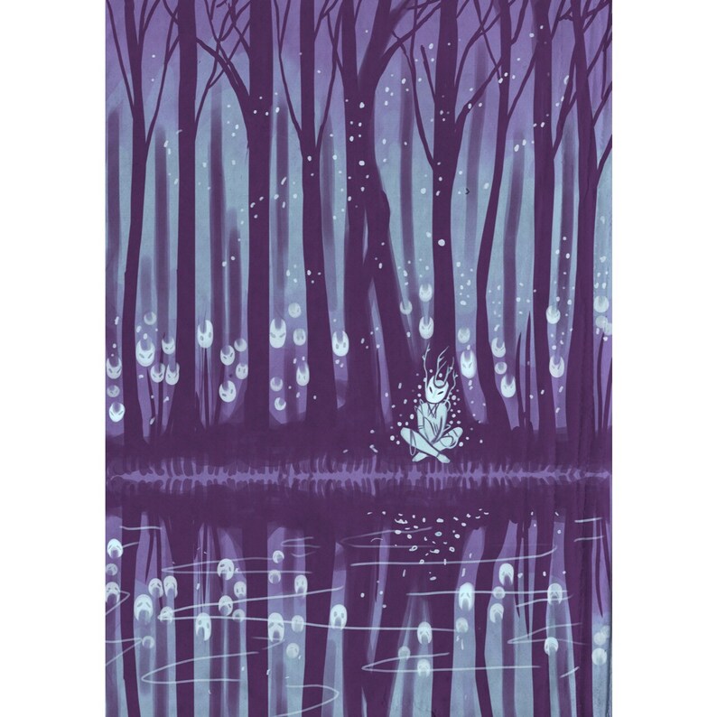 May include: A digital painting of a figure with a mask sitting in a forest with a reflection in a still body of water. The forest is filled with glowing orbs and the figure is surrounded by them. The colors are purple, blue, and white.