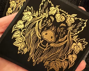 Great Boar - gold foil print fabric patch 13x5 cm- goth, punk, patches for jackets, sow on, witchy, nature lover gift, wildlife, folklore