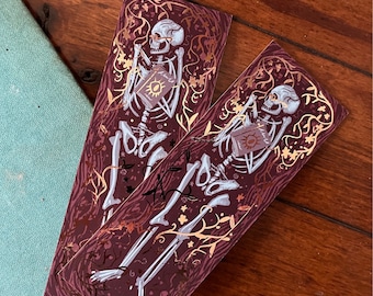 The Librarian deluxe bookmark (148x 52cm) gold painted edges, gothic accessories, book lover gift, horror, occult art, skeleton, skull