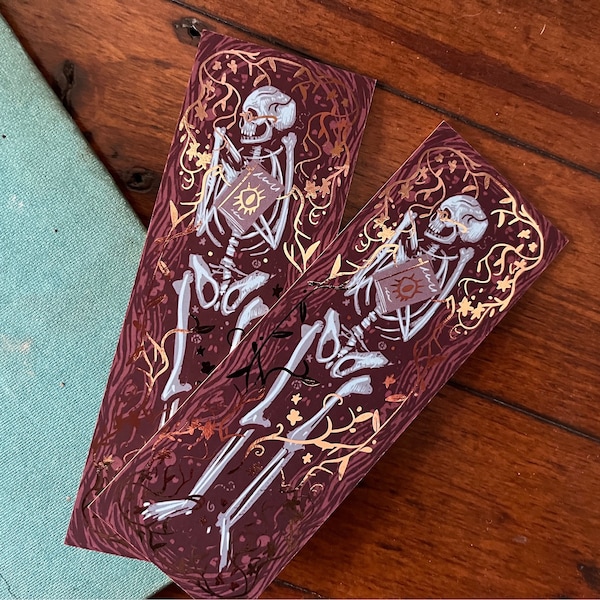 The Librarian deluxe bookmark (148x 52cm) gold painted edges, gothic accessories, book lover gift, horror, occult art, skeleton, skull